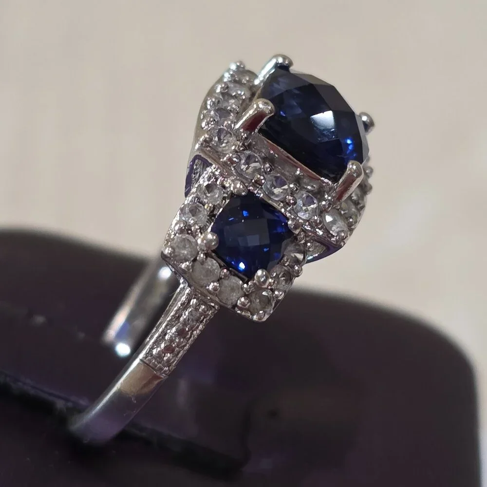 Cushion Cut Blue Three (3) Stone CZ Accent 925 Sterling Silver Ring Size 6.75